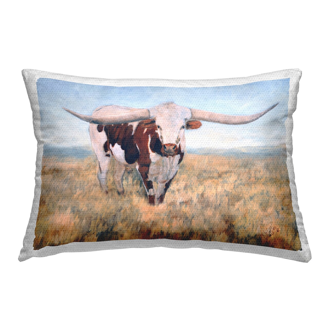 Rustic Longhorn Portrait Outdoor Printed Pillow Design by Kathy Winkler, 14 x 7 x 20